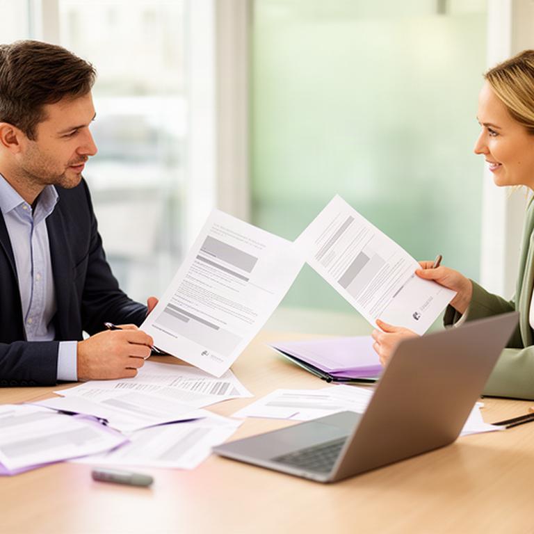 Employer and adviser reviewing workplace policy documents at a bright Gloucestershire office table